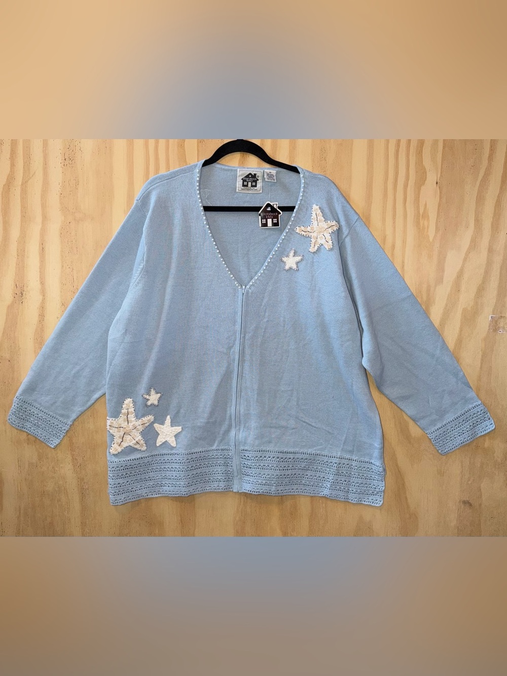 NEW Light Blue 3X Cardigan Thin Full Zip Embellished Stars Nautical VTG 90s